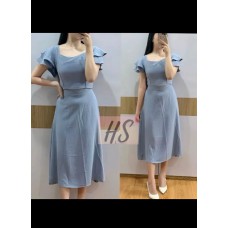 Dress Midi Wanita Elegan Sky Blue – Flutter Sleeve Premium